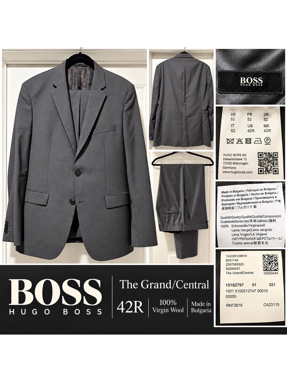 Hugo Boss Grand/Central 42R Dark Gray Virgin Wool Suit